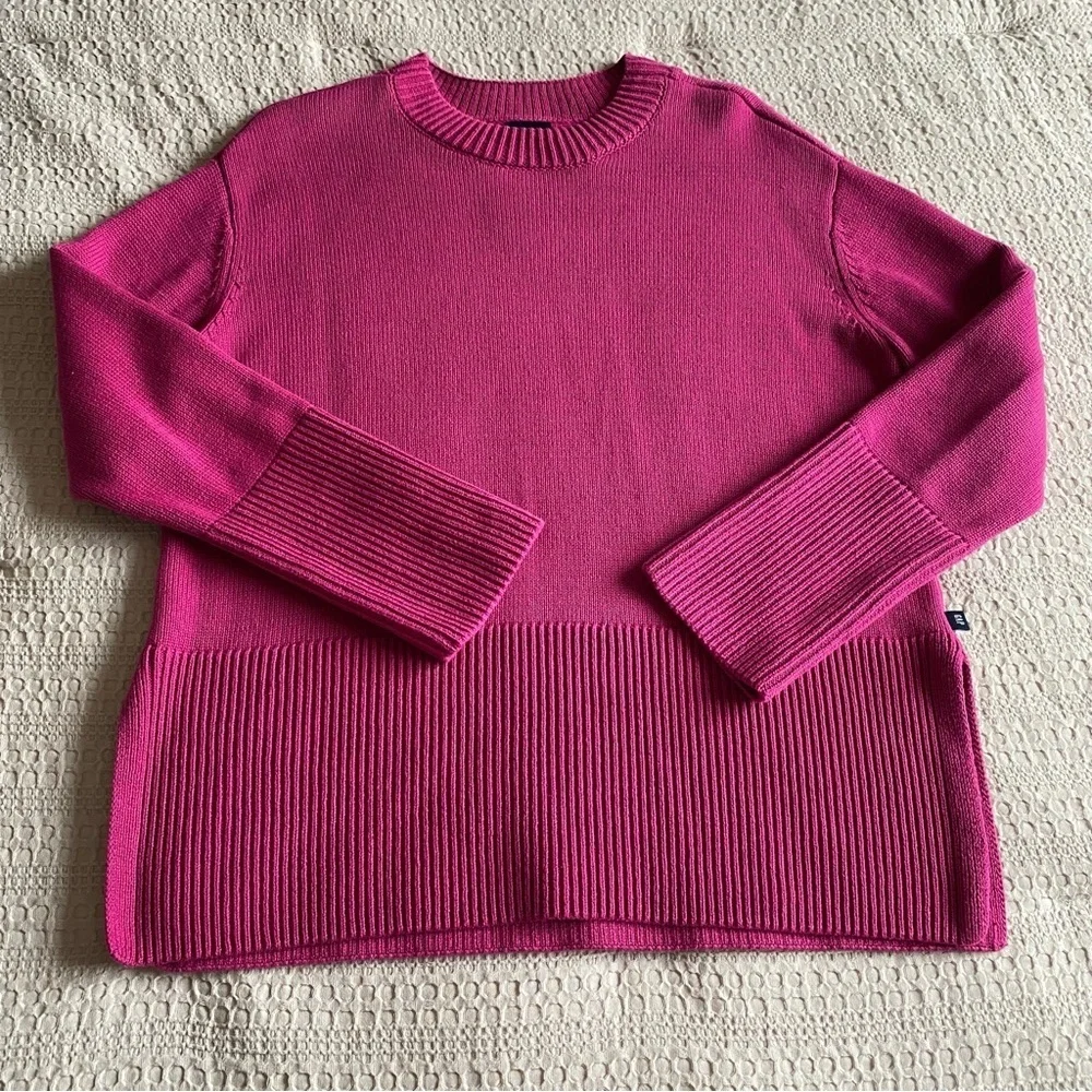 Gap 100% Cotton Split Hem Ribbed Crew Neck Sweater Pink Small Tunic Oversized
